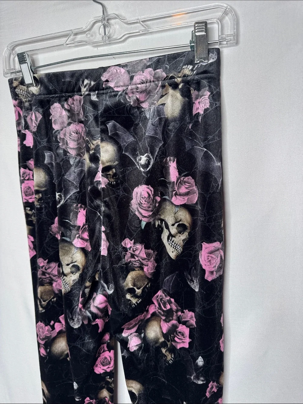 Killstar Black Velvet Moondance Skull & Pink Rose Flare Pants. Size XSmall.